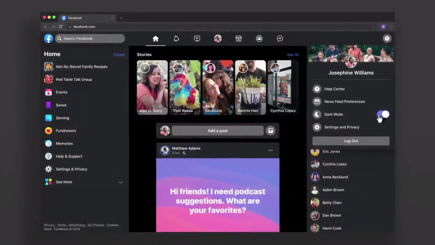 Facebook web dark mode